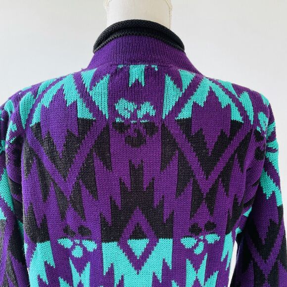J C & Louis Sweater Vintage Neon Mock Neck Roses Aztec Purple Alternative Large - Picture 5 of 9